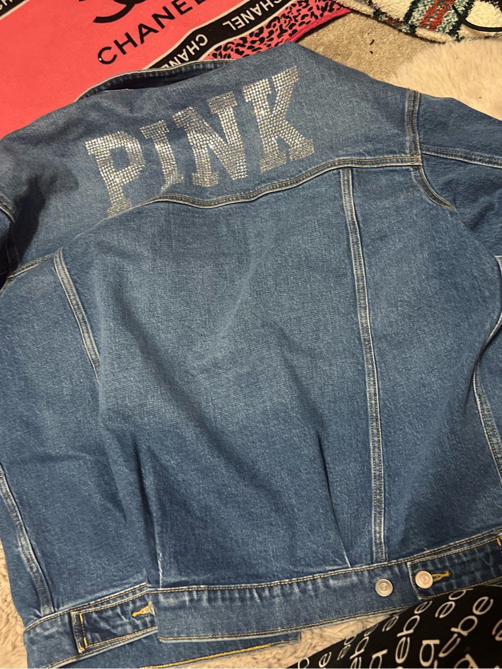 PINK Victoria's Secret Blue Denim Jacket with Rhinestone PINK Back